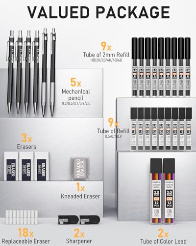 Nicpro 34PCS Black Art Mechanical Pencils Set with 19 Lead Refills