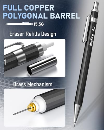 Nicpro 34PCS Black Art Mechanical Pencils Set with 19 Lead Refills