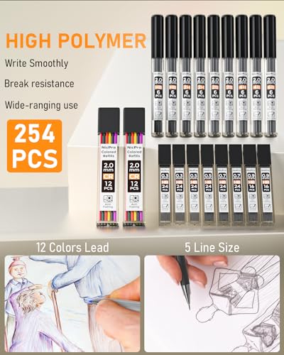 Nicpro 34PCS Black Art Mechanical Pencils Set with 19 Lead Refills