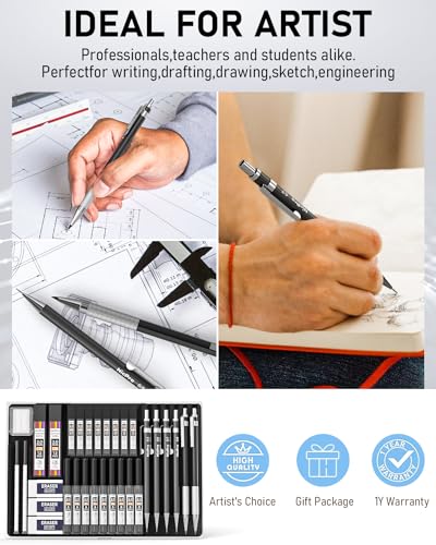 Nicpro 34PCS Black Art Mechanical Pencils Set with 19 Lead Refills