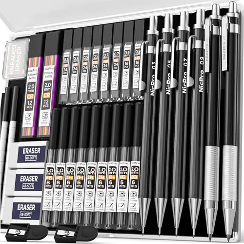 Nicpro 34PCS Black Art Mechanical Pencils Set with 19 Lead Refills
